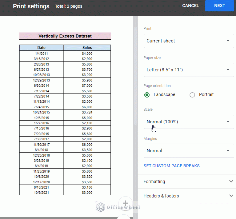 scenario in print settings window